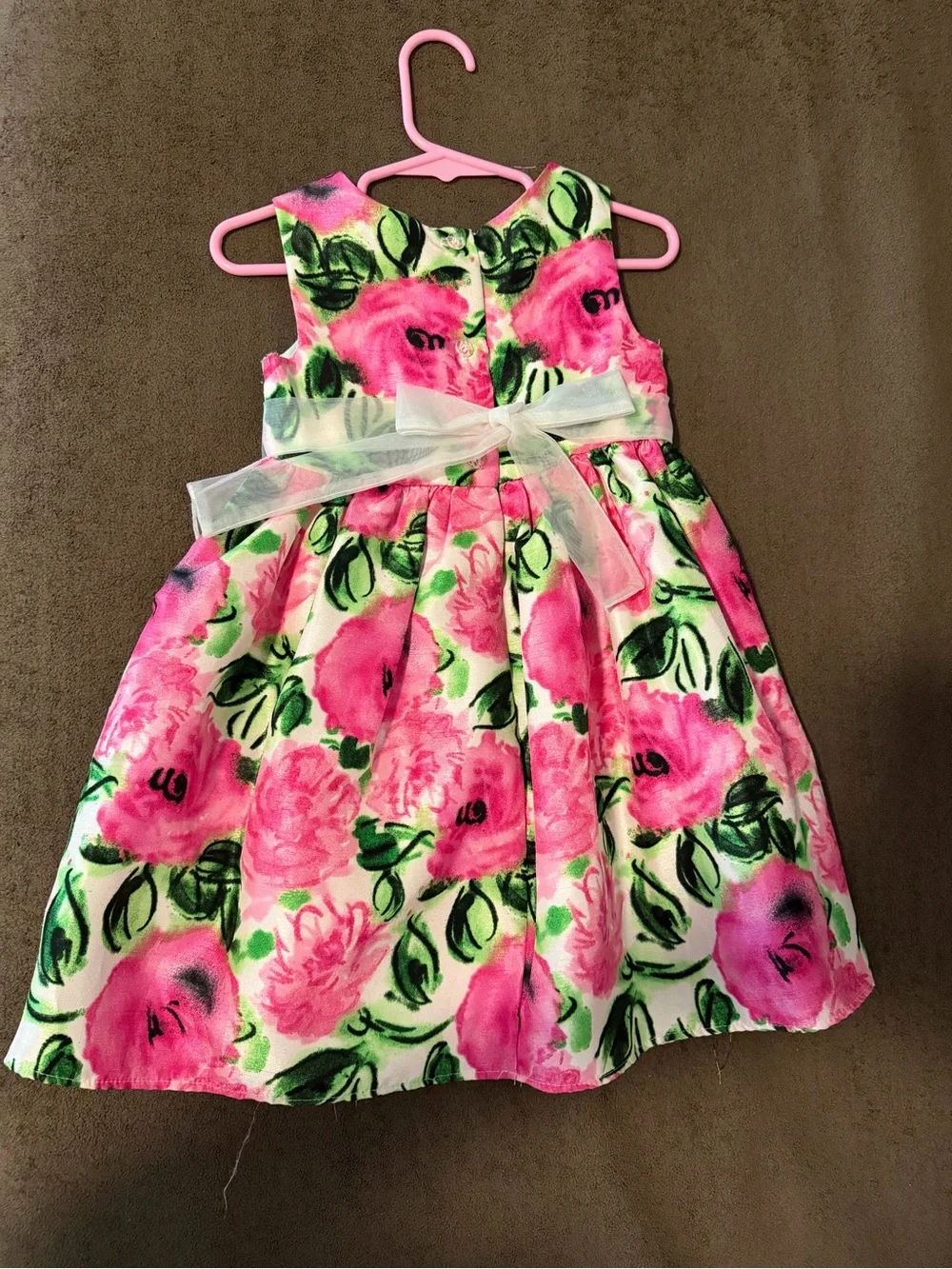 Sleeveless Pink Floral Party Dress with Organza Waist Bow